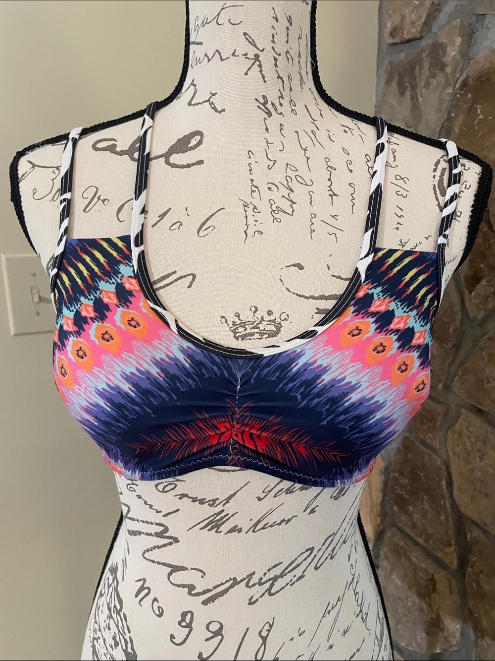 Colorful Tribal Print Strappy Bikini Top | Crisscross Back Swim Top